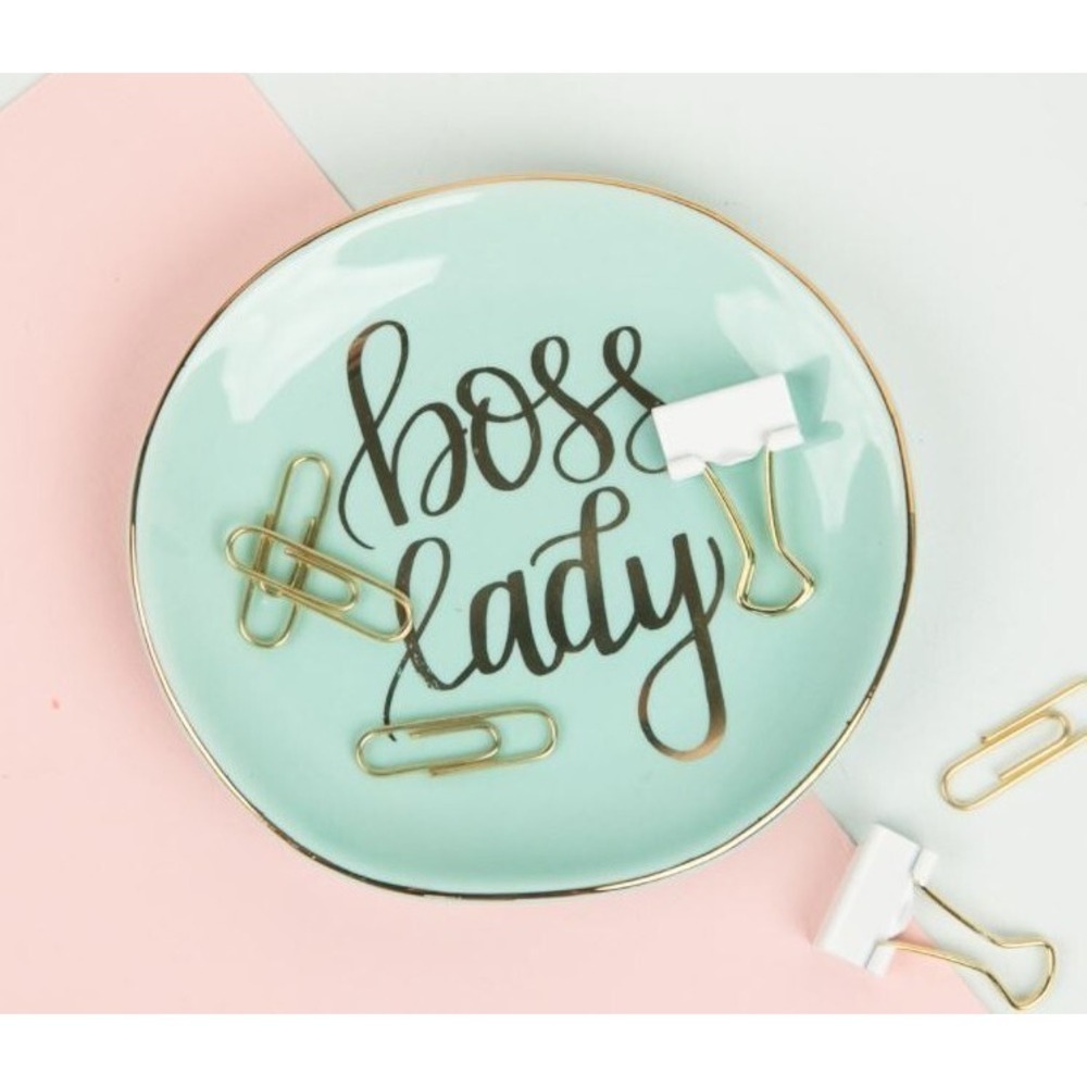 Boss Lady Jewelry Dish Trinket Mint Round Gold Ceramic Inspirational 4x4